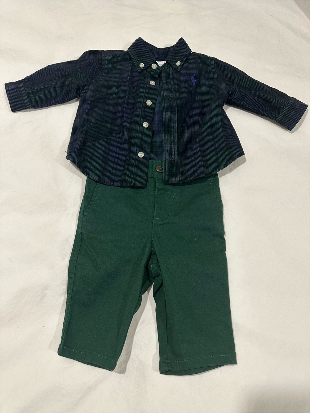 Polo Ralph Lauren Navy & Green Plaid Button-Down with Forest Green Pants 3mo